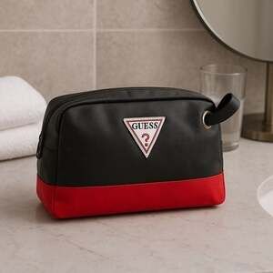 Guess Black and Red Toiletry Bag with Structured Design